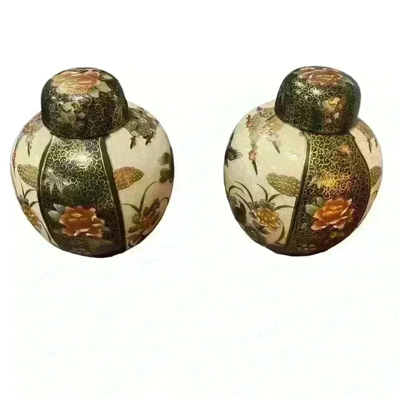 Pair Satsuma Hand-painted Ceramic Urns Vases Ginger Jar ~ Bird and Flower Design - Picture 3 of 5